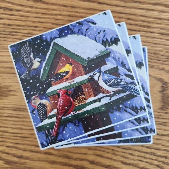 Set Of Four Ceramic Tile Coasters Artwork "Winter Feast" by William Vanderdasson - Picture 3 of 7